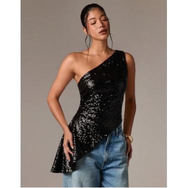 Imagem de Blusa Bata Feminina Assimétrica Regata Paetês Moda Blogueira Festa - S