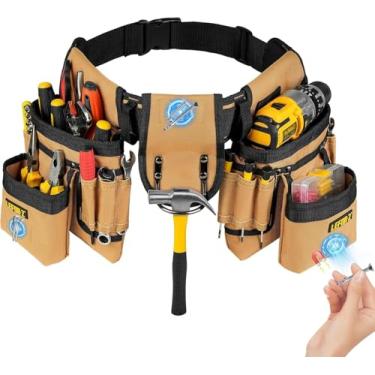 Imagem de Cinto utilitário acolchoado magnético de ferramentas, 27 bolsos, resistente, para homens, bolso removível e ajustável, para eletricista, carpinteiro, construção, avental de trabalho, preto/marrom