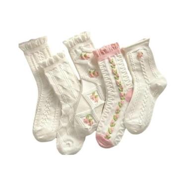 Imagem de Meias Lolita Brancas De Algodão Para Mulheres, 5 Pares, Meias Tubulare