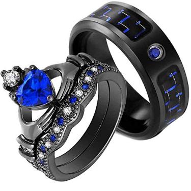 Imagem de Conjunto de anéis de noivado 2 anéis para ele e para ela, conjunto de anéis de casamento feminino, anel de casamento masculino, aliança de titânio Preto