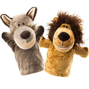 Imagem de BETTERLINE Animal Hand Puppets Conjunto de 2 bonecos de pelúcia suave, 9,5 polegadas para crianças contar histórias, ensinar (Lion and Wolf)