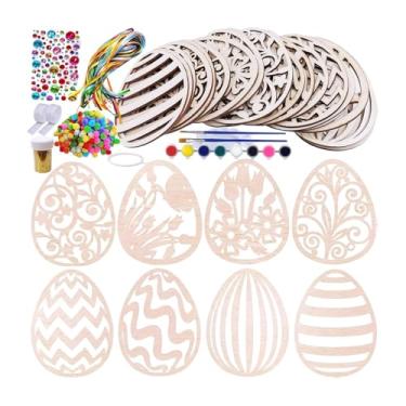 Imagem de KiBcsLic Enfeites de ovos de madeira, discos de madeira com diferentes padrões, arte inacabada para decoração de casa, recortes de Páscoa para pintar e decorar, Style a