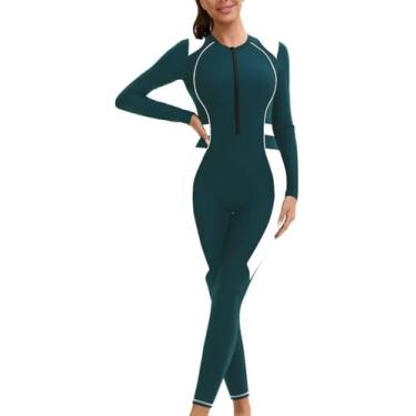 Imagem de HISETPFDE Maiô feminino com zíper frontal Rash Guard, manga comprida, controle de barriga, surf, esportivo, verde