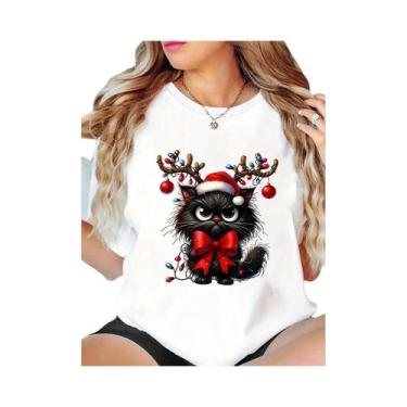 Imagem de Camiseta Feminina De Natal Com Gato Adorável Para Festas De Fim De Ano