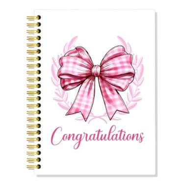 Imagem de SRWNFOS Parabéns Caderno espiral forrado branco, caderno engraçado de 160 páginas pautado com laço rosa, presentes de formatura de ano novo para mulheres, amigas e amigas da família, presentes de