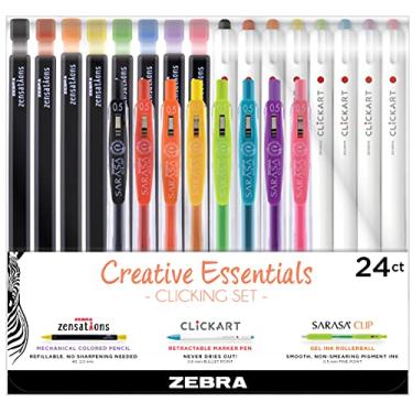 Imagem de Zebra Pen Conjunto de 24 peças Creative Essentials, inclui 8 marcadores ClickArt, 8 lápis de cor e 8 canetas de gel retráteis Sarasa Clip, cores sortidas (76124)