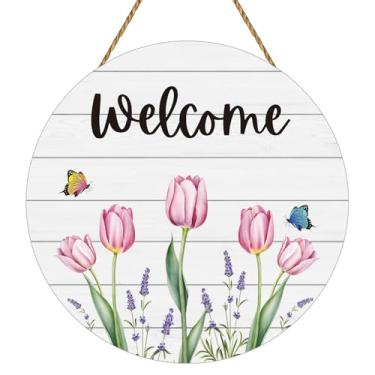 Imagem de YUNKKIN Decorações de primavera para decoração de porta da frente de casa guirlanda de tulipa guirlandas de borboleta para porta da frente de madeira mola sinal de boas-vindas cabide para parede