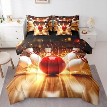 Imagem de Erosebridal Jogo de cama casal com 7 peças, decoração de bola de boliche, para crianças, meninos, adultos, lençol com edredom dourado e vermelho