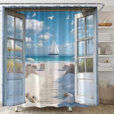 Imagem de UEAUUN Cortina de chuveiro de praia azul litorânea rústica porta de celeiro gaivota concha verão país oceano cenário tecido decoração de banheiro (178 cm L x 180 cm C)