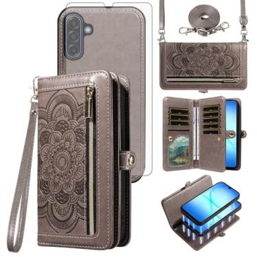 Imagem de Asuwish Capa de celular para Samsung Galaxy A17 5G carteira com zíper destacável com protetor de tela de vidro temperado, alça transversal para pulso mandala flor porta-cartão de crédito A 17 17A 4G