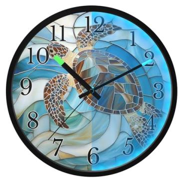 Imagem de ALAZA Relógio de parede costeiro náutico de vidro tartaruga marinha que brilha no escuro operado por bateria relógio de parede silencioso de 30 cm sem tique-taque para quarto