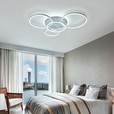 Imagem de Luminária de teto LED com design em anel, dimerizável com controle remoto, temperatura de cor de 3000K a 6000K, luminária moderna para sala de estar, quarto e corredor (branca, 5 anéis)