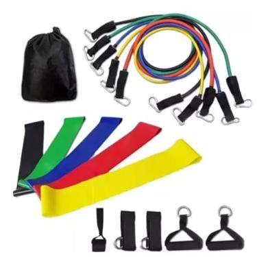 Imagem de Kit 16 Peças Elástico Extensor para Exercícios com 5 Tubos de Resistência, 5 Mini Bands, Alças, Tornozeleiras, Âncora de Porta e Bolsa de Transporte