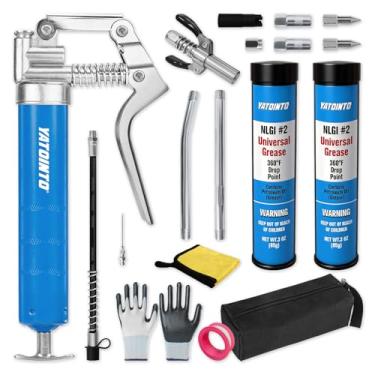 Imagem de YATOINTO Kit de mini pistola de graxa de 85 g, cartucho de graxa universal NLGI #2, à prova de vazamento de 3000 PSI, mangueira de mola de 30,5 cm, pontas de agulha, bocal de alça dupla, acoplador