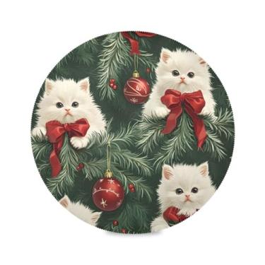 Imagem de STAYTOP Jogo americano de Natal adorável gato redondo 6 peças, tapetes de mesa antiderrapantes fáceis de limpar para casa, cozinha, churrasco, festa, decoração de mesa
