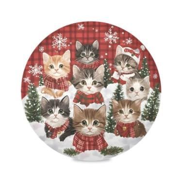 Imagem de STAYTOP Adoráveis gatinhos em traje de Natal jogo americano redondo 6 peças, tapetes de mesa antiderrapantes fáceis de limpar para decoração de mesa de festa de churrasco em casa