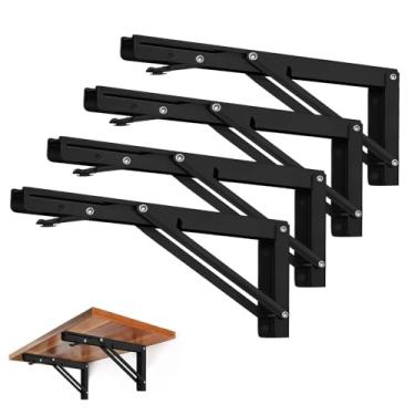 Imagem de Suportes de prateleira dobráveis – Suporte de prateleira dobrável de metal resistente para mesa de banco, dobradiça de prateleira montada na parede Suporte faça você mesmo economia de espaço, carga máxima: 68 kg (14 polegadas 4 peças, preto)