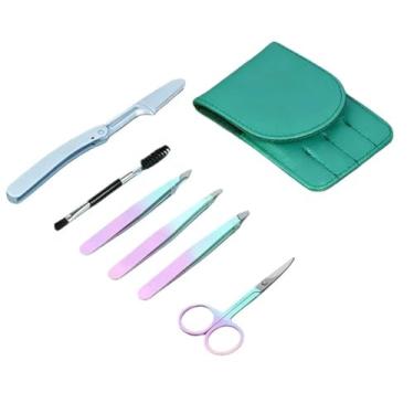 Imagem de Conjunto de ferramentas profissionais de maquiagem de sobrancelha gradiente rosa-verde com 7 peças | Conjunto de pinças, tesouras e pincéis de alta precisão