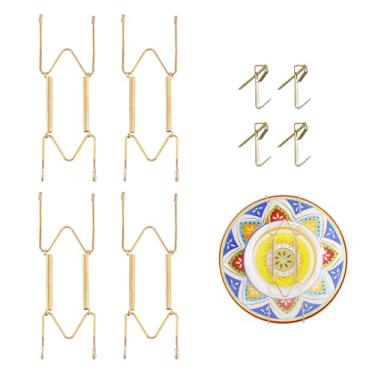 Imagem de 4 peças de cabides de placa para parede adequados para placa decorativa de 15 a 20 cm ajustável e extensível, com ganchos de metal para exibição de parede placas decorativas e artes (ouro)