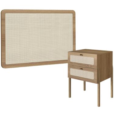 Imagem de Cabeceira Solteiro 90cm e 1 Mesa Lateral 2 Gavetas Madeira Moss A03 Hanover Roble - Lyam Decor