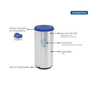 Imagem de Lixeira Inox Tramontina Capsula Selecta Plus Basculante com Acabamento Scotch Brite e Tampa Basculante Azul em Polipropi