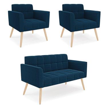 Imagem de Namoradeira E 2 Poltronas Pé Palito Natural Elisa Bouclê D03 - D'rossi Cor Azul