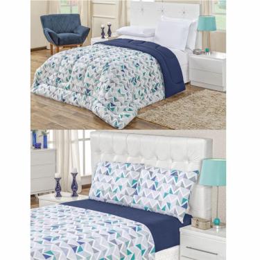 Imagem de Kit Edredom Malha 100% Algodão King Dupla Face 7 Peças + Lençol - Azul