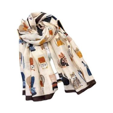 Imagem de Cachecol De Viscose Com Estampa De Gato Fofo, Xales Macios, Pashmina, 