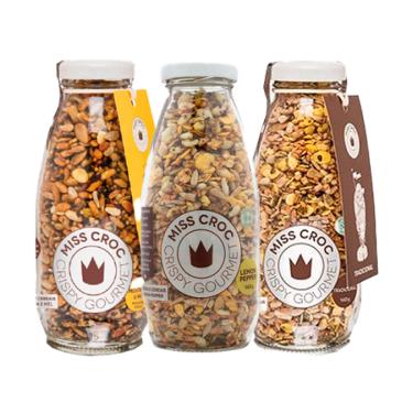 Imagem de Kit 3 Granolas Crisp Garrafa Miss Croc: Lemon Pepper, Mostarda e Mel, Tradicional