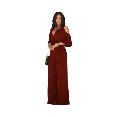 Imagem de Macacão Feminino plus Size Com Decote Em V E Ombros Descobertos, Calça