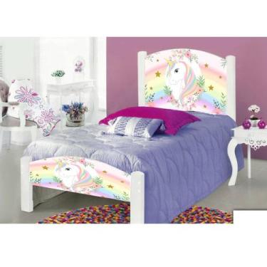 Imagem de Cama Infantil de Solteiro Unicónio Adesivada com Grade de Proteção e C