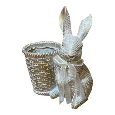 Imagem de Coelho Decorativo em Resina c/ Cesta Bege Branco - 20cm - Tok da Casa