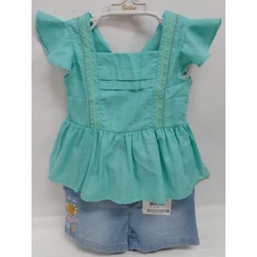 Imagem de Conjunto Verão Menina Blusa Shorts Jeans Luxo Paraiso 17158, Verde tur