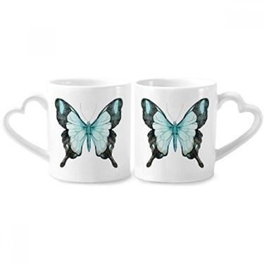 Imagem de Conjunto de canecas de porcelana para casal, borboleta com asas azuis, alça de coração
