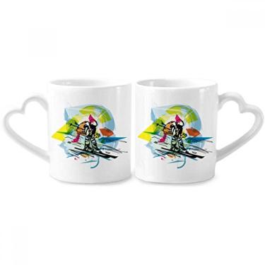 Imagem de Esporte de inverno Freestyle Esqui Ilustração Casal Caneca de Porcelana Conjunto de Cerâmica para Amante de Coração