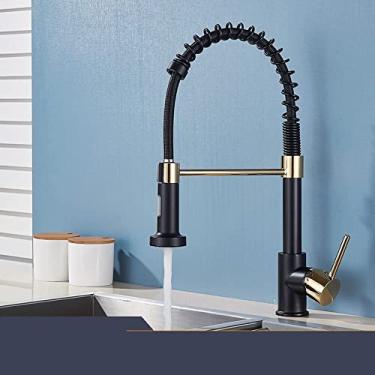Imagem de Torneira da pia da cozinha preta fosca Torneira da cozinha rebatível Torneira misturadora de manípulo único Torneira misturadora com rotação de 360, ouro preto