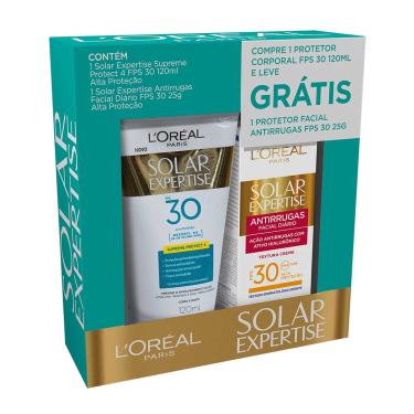 Imagem de Kit Protetor Solar L'Oréal Solar Expertise com 1 Protetor Facial Antirrugas FPS 30 de 25g + 1 Protetor Corporal Protect 4 FPS 30 de 120ml 1 Unidade