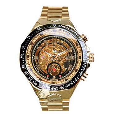 Imagem de relogio skeleton dourado automático com pulseira de aço inoxidável muito luxo