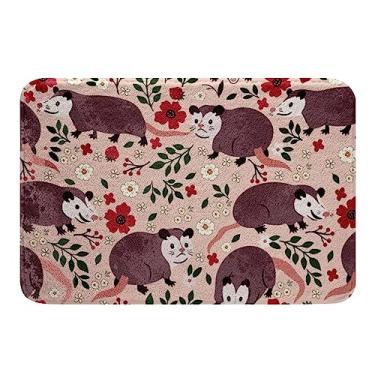 Imagem de Ogambá Tapete de banho infantil 40,6 cm x 61 cm tapetes de banheiro gambá engraçados meninos meninas adolescentes decoração de quarto tapete de área de animal bonito tapete feminino masculino flores folhas botânicas rosa tapete macio para banheira sala de estar cozinha