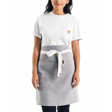 Imagem de Avental de Café Bistro da CALDO Linen - Grau Profissional com 3 Bolsos, Avental de Meia Cozinha, Comprimento Médio 58,42 cm x 58,42 cm Cintura - Uniforme Unissex Durável - Servidor ou Chef, Cinza