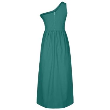Imagem de UIFLQXX Vestido longo plus size para mulheres, cor sólida, tecido macio, sedoso, fenda alta, vestido sem mangas, vestido de um ombro só, Verde, P