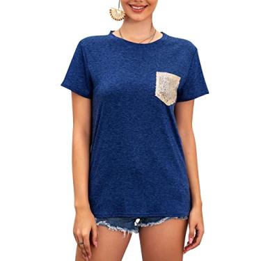 Imagem de Camiseta Com Bolso de Lantejoulas, Blusa de Manga Curta Cor Pura Gola Redonda Elástica Casual para Compras para Mulheres (L)
