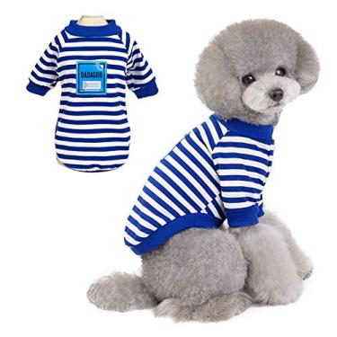 Imagem de SMALLLEE_LUCKY_STORE Camiseta listrada para animais de estimação para cães pequenos menino menina filhote camisa moletom respirável gato camiseta verão roupas de cachorro moda fantasia, azul, tamanho