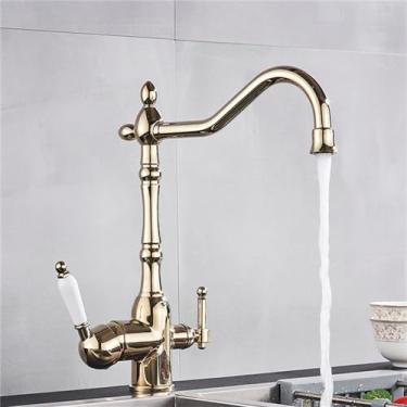 Imagem de Torneira de cozinha preta com filtro de água potável, alça dupla, purificador de latão, pia, água quente e fria, dourada