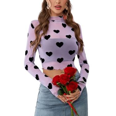 Imagem de MakeMeChic Camiseta feminina de malha transparente com estampa de coração, gola redonda, manga comprida, acabamento em alface, Rosa e preto, PP
