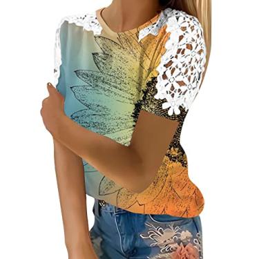 Imagem de Blusas femininas de malha de renda para treino de manga curta Y2K blusas de algodão de verão camisetas camponesas túnica formal, Laranja, M