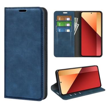 Imagem de Capa para Xiaomi Redmi Note 13 Pro 4G, capa carteira de couro design clássico com slot para cartão e fecho magnético capa dobrável para celular Xiaomi Poco M6 Pro 4G (azul)