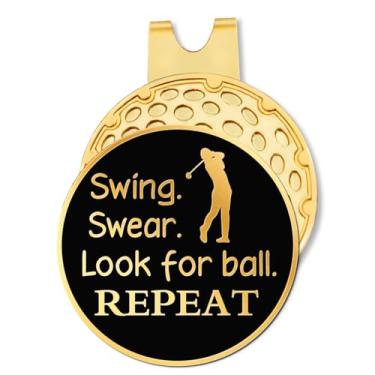 Imagem de Hafhue Marcador de bola de golfe Swing Swear Look for Ball Repeat preto dourado com clipe magnético para chapéu, marcadores de bola de golfe para papai, acessórios de golfe engraçados para pai, da
