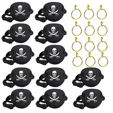 Imagem de 12 peças de tapa-olho para adultos e crianças, adesivo de olho médico pirata com 12 peças de brinco de ouro, tapa-olho 3D para festa de fantasia de pirata de Halloween