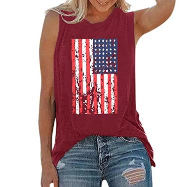 Imagem de Camiseta regata feminina 4 de julho com estampa de bandeira do Dia Independente, gola redonda, sem mangas, roupas de verão, Vinho, G